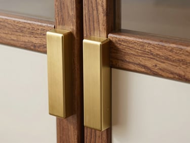 Close-up of bespoke wardrobe door hardware in brushed brass on a walnut frame, macro framing showing edge treatment and joinery precision, north-facing daylight, no people