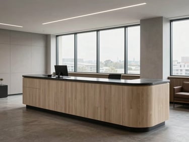 Wide interior of a commercial office reception and lounge fit-out, bespoke curved joinery reception desk in pale ash with charcoal stone top, north-facing window light across the space, empty room showing spatial proportion and material quality, no people