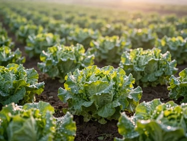 Rows of fresh green lettuce heads in a field at sunrise, morning dew.