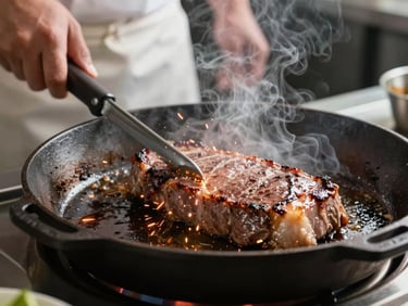 Close-up of a chef searing meat on a hot cast iron skillet, sparks and steam.