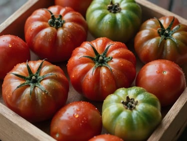 Close-up of a wooden crate overflowing with vibrant heirloom tomatoes of different deep red and green colors, soft morning daylight, high contrast