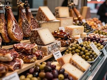 A vibrant specialty food market display with cured meats, cheeses, and olives.