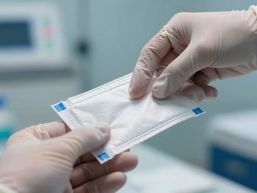 Tight macro shot of a clinical gloved hand passing a sealed medical package to a courier. Sharp focus, high contrast, clean clinical background with blue tones.