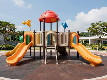 Bright outdoor photo of a completed school playground in Singapore with multi-level platforms and colorful PE slides, clear daylight, sharp focus