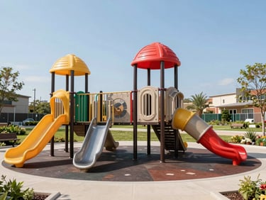 Wide-angle outdoor commercial photography of a completed modern playground installation, bright natural daylight, clean saturated colors.