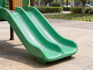 Double-wave green PE slide with safety deceleration zone in a sunny municipal park, bright natural daylight, sharp focus.