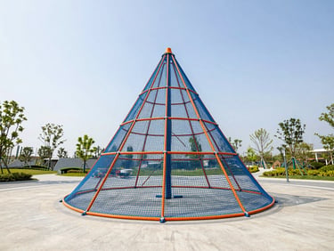 Wide-angle outdoor photograph of a large blue and orange rope climbing pyramid in a modern public park, bright daylight, sharp focus.