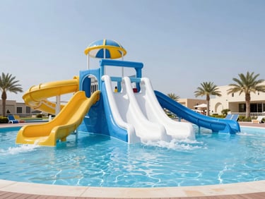 Coastal resort water play area in UAE with custom commercial water slides and splash structures, bright sunny day, architectural wide lens