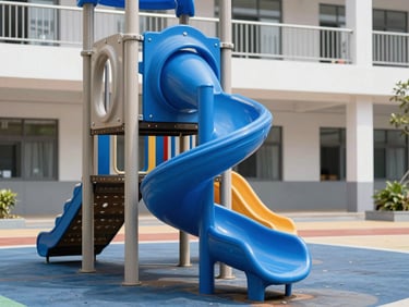 Vibrant blue commercial spiral tube slide installed on a modern school playground, bright natural daylight, clean saturated colors, sharp focus.