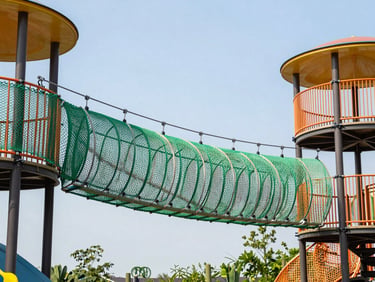 Bright outdoor commercial photograph of a suspended rope bridge tunnel connecting two modern playground platforms, green and orange safety nets.