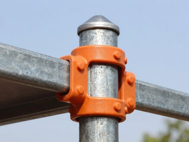 Macro close-up shot of a heavy-duty playground structural joint, showing thick-walled galvanized steel frames and secure orange plastic connectors under bright natural daylight.