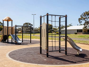 Outdoor community play area in Australia with robust outdoor fitness equipment and rope climbing structures, sunny day, sharp focus