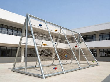 Crisp architectural photograph of an angled geometric rope climbing wall on a galvanized steel frame, modern school yard, bright daylight.