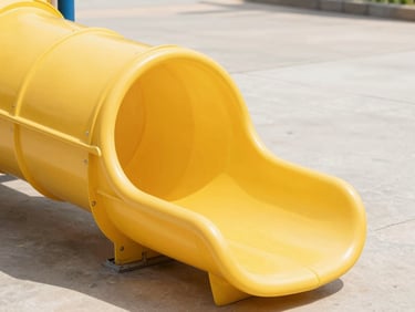 Enclosed yellow crawl-and-slide tube section showing heavy-duty steel mounting brackets, bright natural daylight, sharp focus.