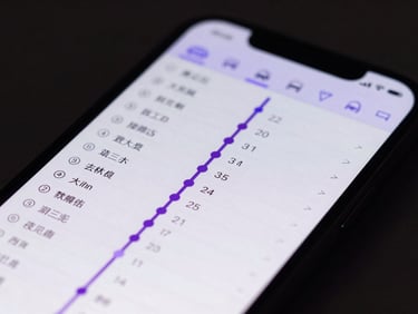 Close-up of a smartphone screen displaying a timeline of vehicle route history with purple data points and a dark scrollable list of location entries, no faces, studio underlighting with violet glow, sharp detail