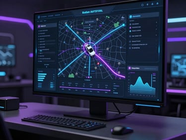 Extreme close-up of a dark command dashboard screen showing a live GPS map with glowing neon purple route lines and coordinate overlays, a sleek luxury vehicle silhouette faintly visible through the interface, rim-lit from below with violet underlighting, cinematic depth-of-field, deep black background with luminous data nodes pulsing