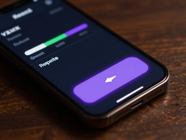 Close-up of a smartphone screen showing a remote vehicle block command interface with a large glowing purple confirmation button and status indicator, dark UI, neon accent highlights, no visible faces, studio rim lighting, cinematic depth