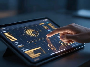Close-up of a sleek, minimalist AI interface on a tablet, displaying complex data visualizations with golden accents. A hand gestures subtly towards the screen. Deep blue ambient lighting, shallow depth of field.