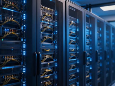 Panoramic view of a modern data center server rack glowing with cool blue light, with subtle golden network connections. Focus on the intricate hardware and digital infrastructure. Architectural lines.
