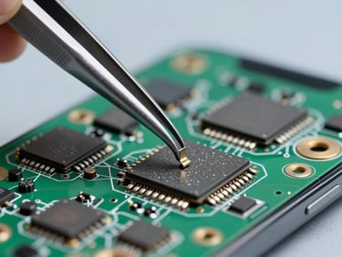 Extreme macro close-up of a high-precision metal tweezers positioning a tiny chip onto a clean smartphone motherboard under cool sterile laboratory lighting