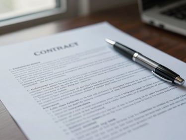 Close detail of a corporate contract document on a desk, a pen resting beside dense legal clauses, cool window light from the left, shallow depth of field, no faces