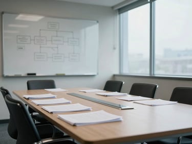 Wide shot of an empty HR meeting room, whiteboard with faint organizational chart visible, cool daylight through frosted glass, documents stacked on the table, no people