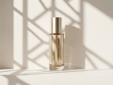 Minimalist high-end cosmetic bottle with sharp architectural shadows on a warm white background, clean studio lighting, 85mm