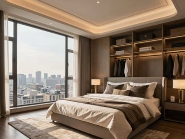 Interior architectural render of a luxurious 4 BHK master bedroom with a king-sized bed, premium textiles, a walk-in closet, and a large window with city views, crisp natural daylight.