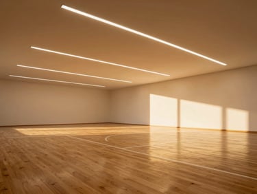 Premium architectural interior photography of a minimalist indoor sports court, polished hardwood floors, dramatic linear ceiling lights, sharp focus.