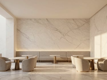 Minimalist render of a luxury site-visit lounge interior, marble finishes, soft lighting, empty chairs, high-end real estate render style.