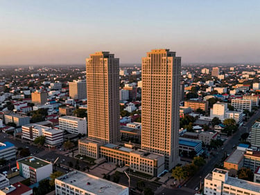 Aerial view of Kokapet, Hyderabad at twilight, highlighting Brigade Neopolis towers and surrounding infrastructure, warm editorial tones.