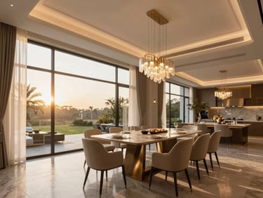 Interior architectural render of a grand 5 BHK dining area with a long table, designer chairs, a statement chandelier, and floor-to-ceiling glass walls, golden hour warmth.