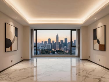 Interior architectural render of a spacious 3 BHK living room with marble flooring, contemporary art, and a large window overlooking a city skyline at dusk, warm editorial tones.