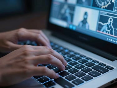 Close-up of hands typing on a backlit keyboard with a security monitoring interface visible on the screen in the background, high contrast cool blue light, sharp focus on the fingers and keys