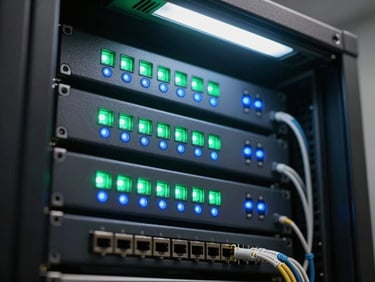 Close-up overhead of multiple server rack status indicator lights glowing steady green and blue in a dark server room, precise alignment of cables and ports visible, fluorescent strip lighting above