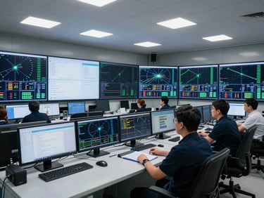 Wide shot of a professional operations control room, multiple large monitors displaying live network status graphs and uptime metrics arranged in a semicircle, two staff members seated and focused, cool fluorescent lighting, high-contrast clean industrial environment