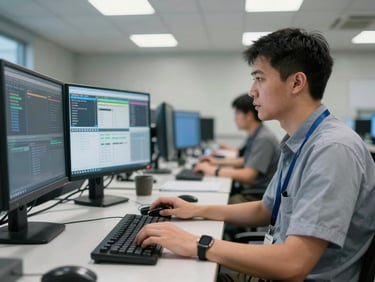 Professional support staff member at a multi-monitor workstation inside a 24-hour operations center, focused expression, clean desk with keyboards and screens showing live dashboards, bright overhead lighting