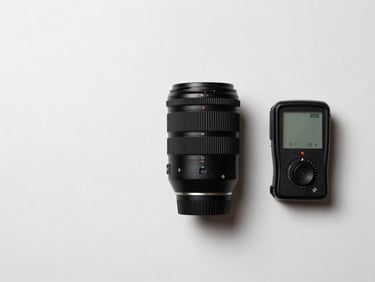 Overhead flat-lay: a single prime lens placed precisely on a matte white surface, one light meter beside it, hard shadows from above, high-key studio light, no other objects, no hands, minimal negative space on left, shot from directly above