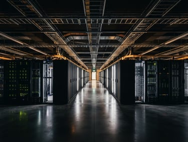 Symmetrical wide-angle shot of a modern European data center server hall with polished concrete floors, overhead cable containment trays, and dramatic technical gold and white lighting, 35mm photography