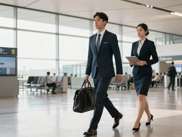 Elegant business traveler being fast-tracked through a modern, clean airport, with a dedicated assistant, bright natural daylight, clean corporate tones, sharp focus.