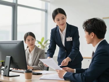 Professional concierge in a modern office assisting a client with documents, clean corporate environment, bilingual legal experts, bright natural daylight, sharp focus.
