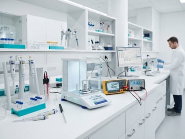 A bright, high-key clinical laboratory interior with sterile white and cyan tones, featuring advanced calibration equipment and clean surfaces, sharp focus, 50mm.
