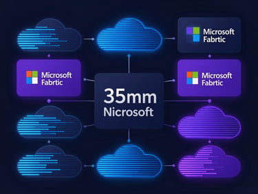 Représentation abstraite d'un flux de données complexe transitant entre différents services cloud (Microsoft Fabric), avec des lignes lumineuses bleues et violettes sur un fond sombre.