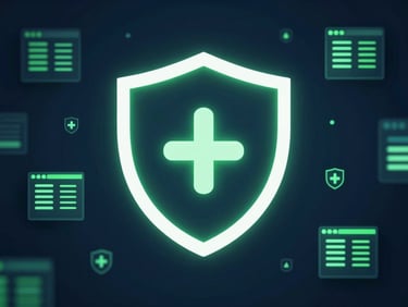 Image symbolique d'un bouclier numérique protégeant un réseau de données, avec des éléments d'interface utilisateur discrets et des lueurs vertes, lumière de studio.