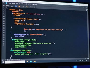 Gros plan sur un écran affichant du code DAX complexe et des schémas de modélisation de données, dans un environnement de travail technologique avec des reflets orange et vert.