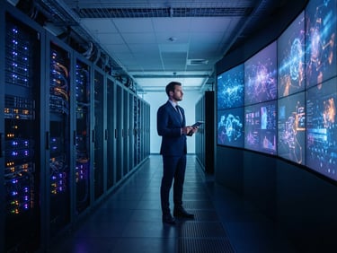 Wide shot of a sleek, modern server room with subtle blue and purple ambient lighting, showing abstract data flows on large screens, a professional in a dark suit observing, crisp studio light.