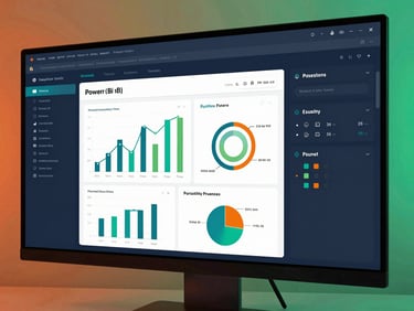 Close-up of a vibrant Power BI dashboard on a sleek monitor, showing clear, interactive charts and reports. Cool studio lighting with subtle orange and green ambient glows.