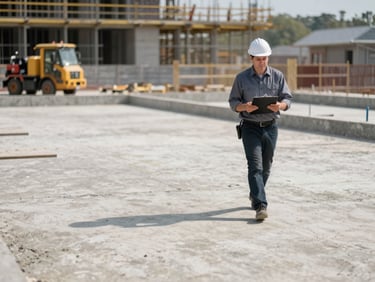 Wide shot of a construction progress inspection, a project manager with a clipboard walking alongside a partially built concrete floor structure, depth-of-field separating them from equipment in the far background, midday industrial light