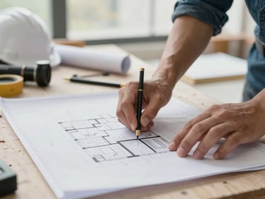 Close-up of an engineer's hands reviewing architectural blueprint drawings on a site table, construction materials blurred in the background, bright diffused daylight, no staging