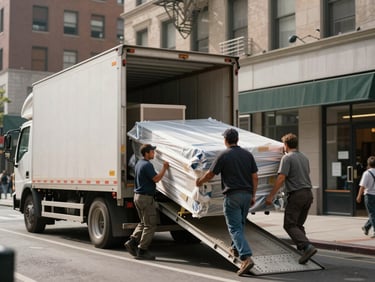 Wide shot of a moving truck being loaded on a city street, two workers carrying wrapped furniture up a ramp in daylight, urban building facades in background, depth-of-field on the action